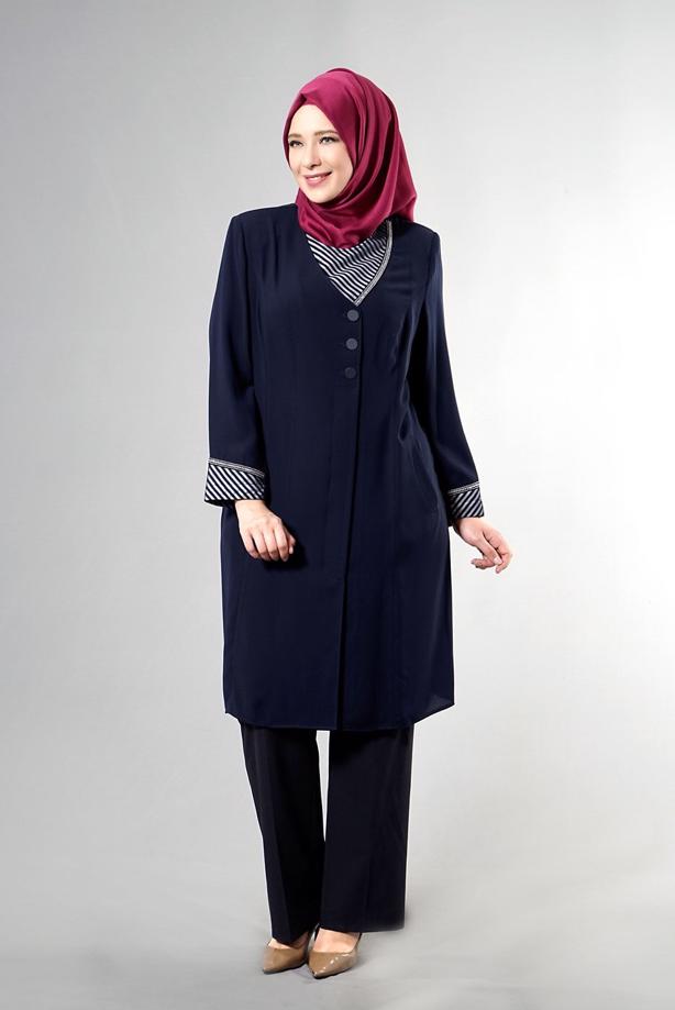 Vêtements hijab BLEU MARINE T 1587 Esma Tesettür Trench-Alv Fashion - TRENDTESETTÜR