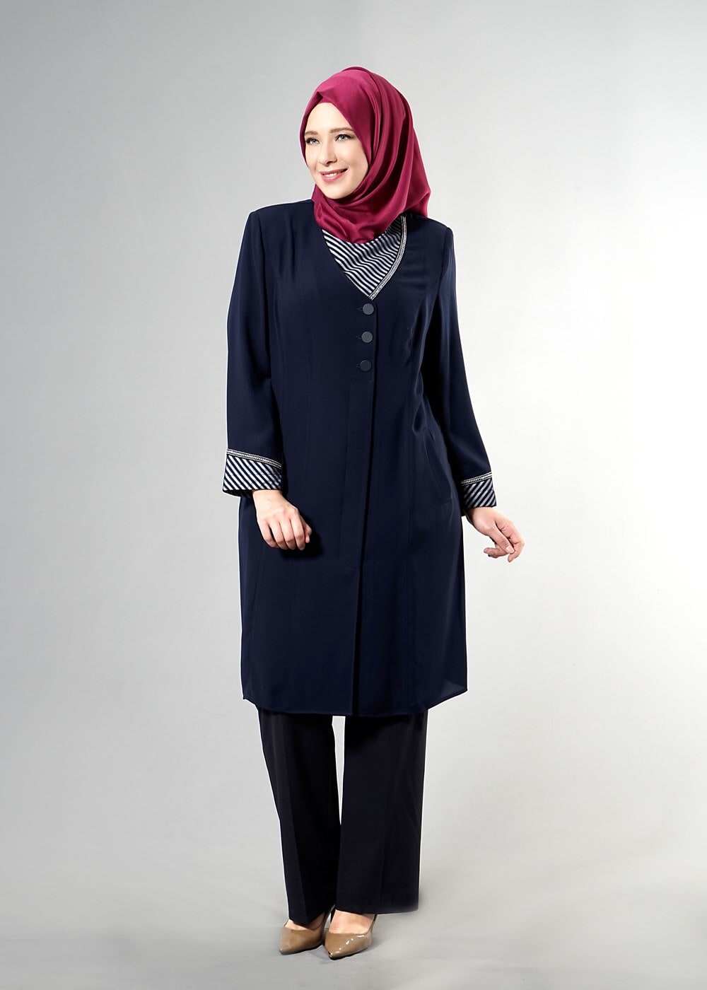 Hijab clothing NAVY BLUE T 1587 Esma Tesettür Trench-Alv Fashion
