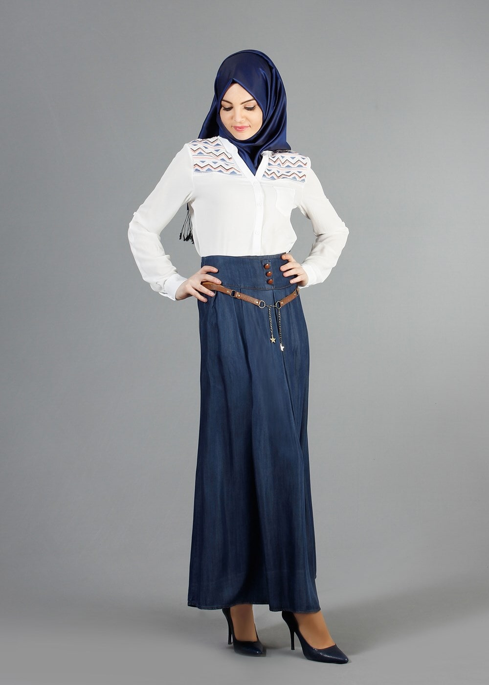 Hijab clothing NAVY BLUE T 785 Yüceller Pileli Düğme Detaylı Etek