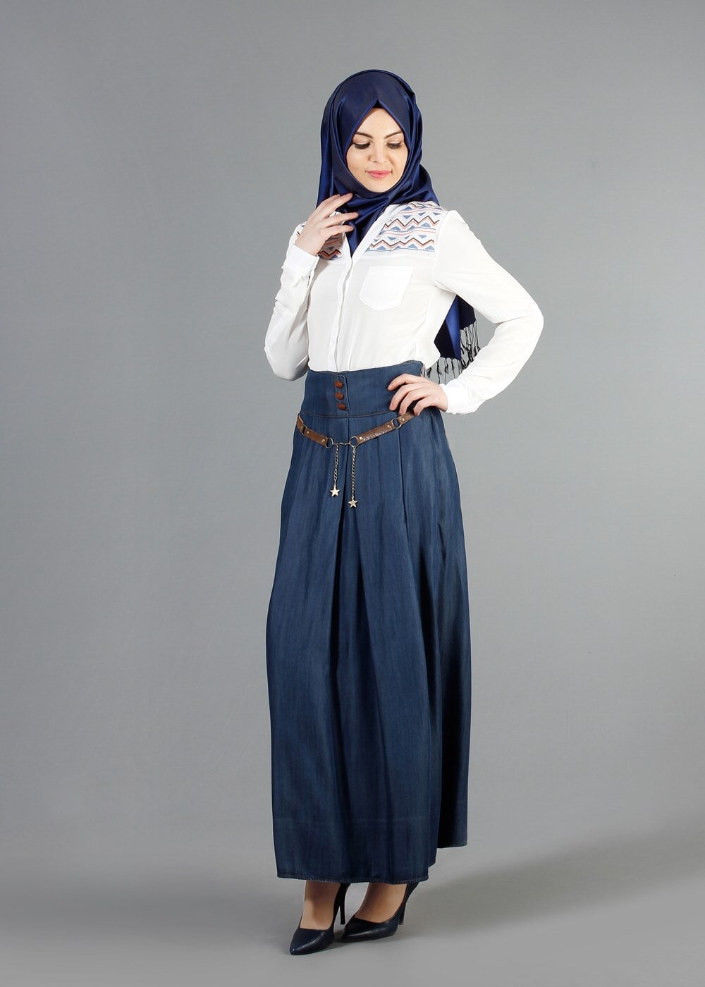 Hijab clothing NAVY BLUE T 785 Yüceller Pileli Düğme Detaylı Etek