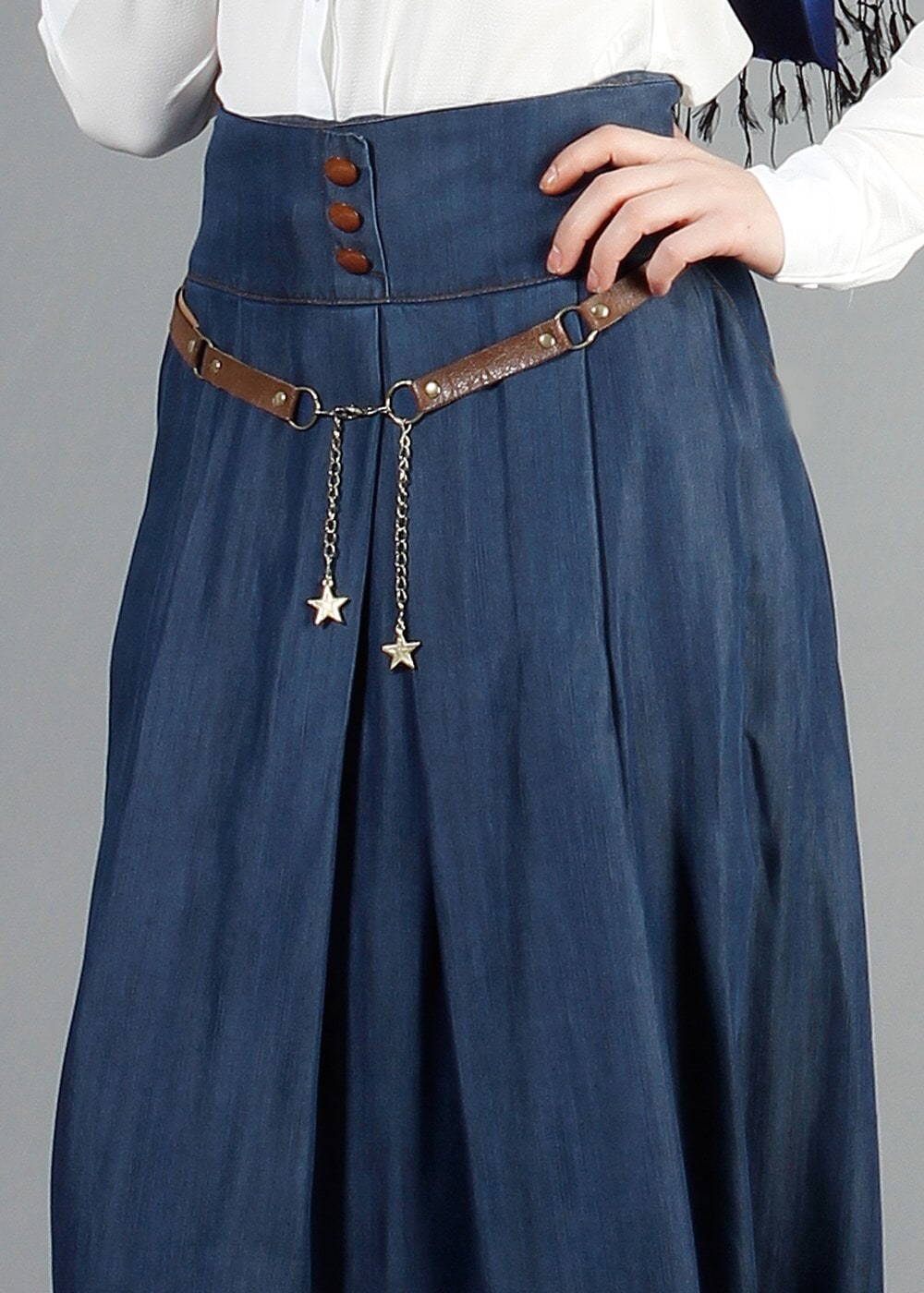 Hijab clothing NAVY BLUE T 785 Yüceller Pileli Düğme Detaylı Etek