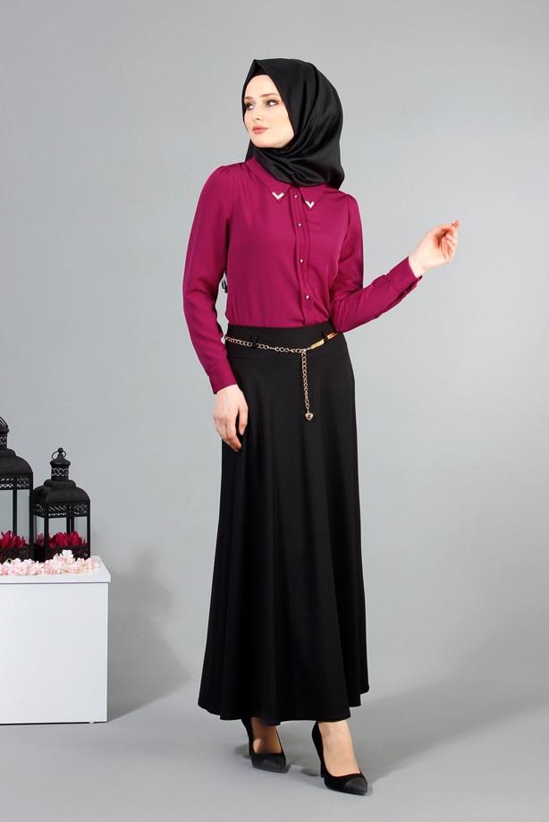 Vêtements hijab  T 2726 Yüceller Kendinden Desenli Kloş Etek - TRENDTESETTÜR