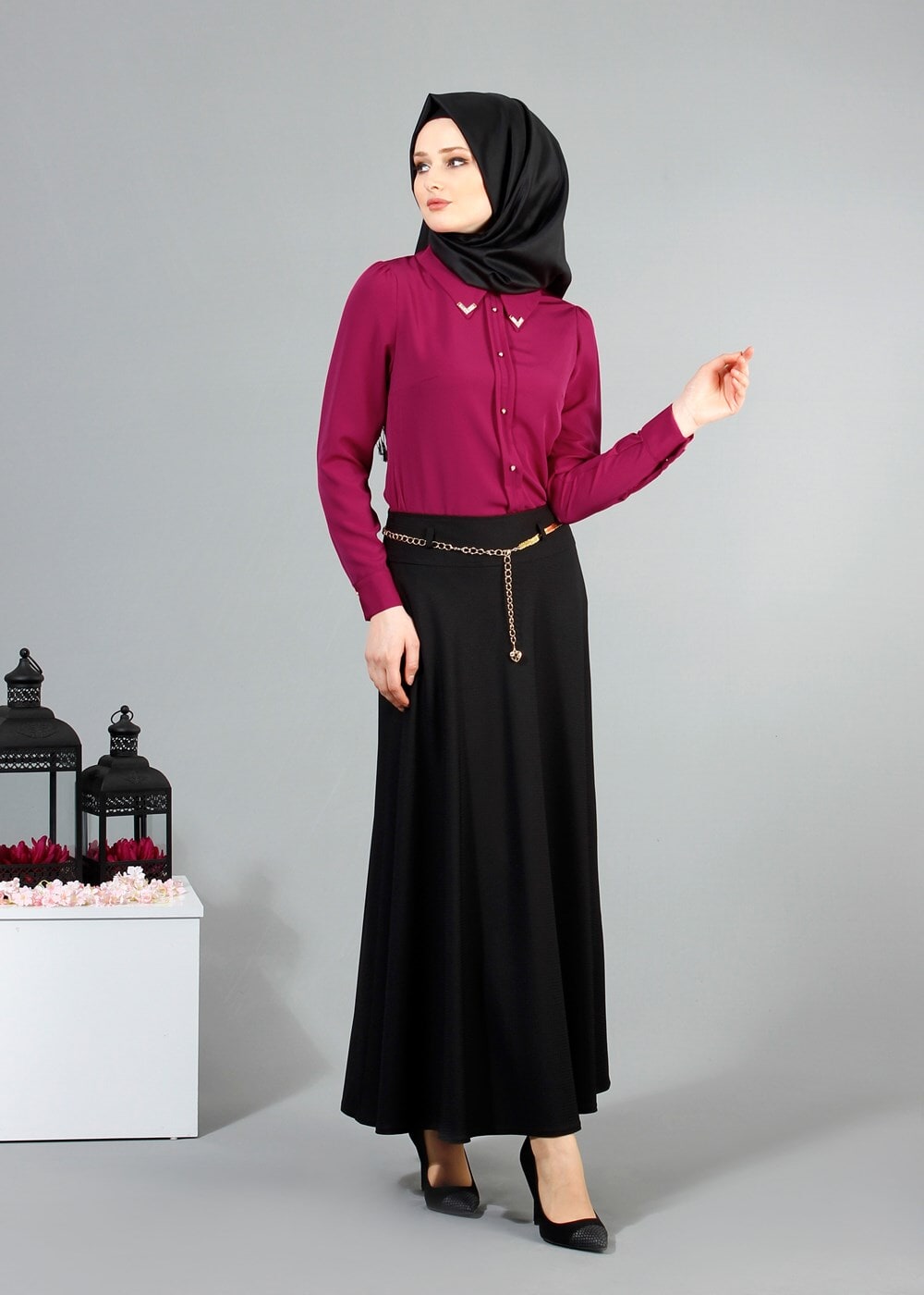 Vêtements hijab NOIR T 2726 Yüceller Kendinden Desenli Kloş Etek