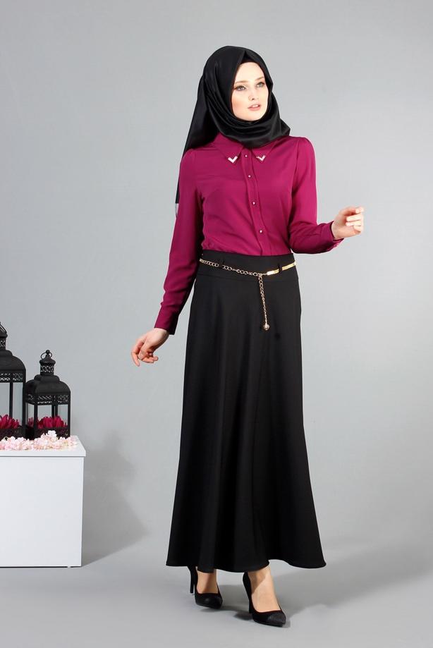 Vêtements hijab  T 2726 Yüceller Kendinden Desenli Kloş Etek - TRENDTESETTÜR