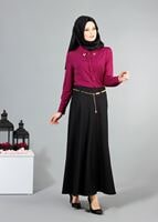 Vêtements hijab NOIR T 2726 Yüceller Kendinden Desenli Kloş Etek