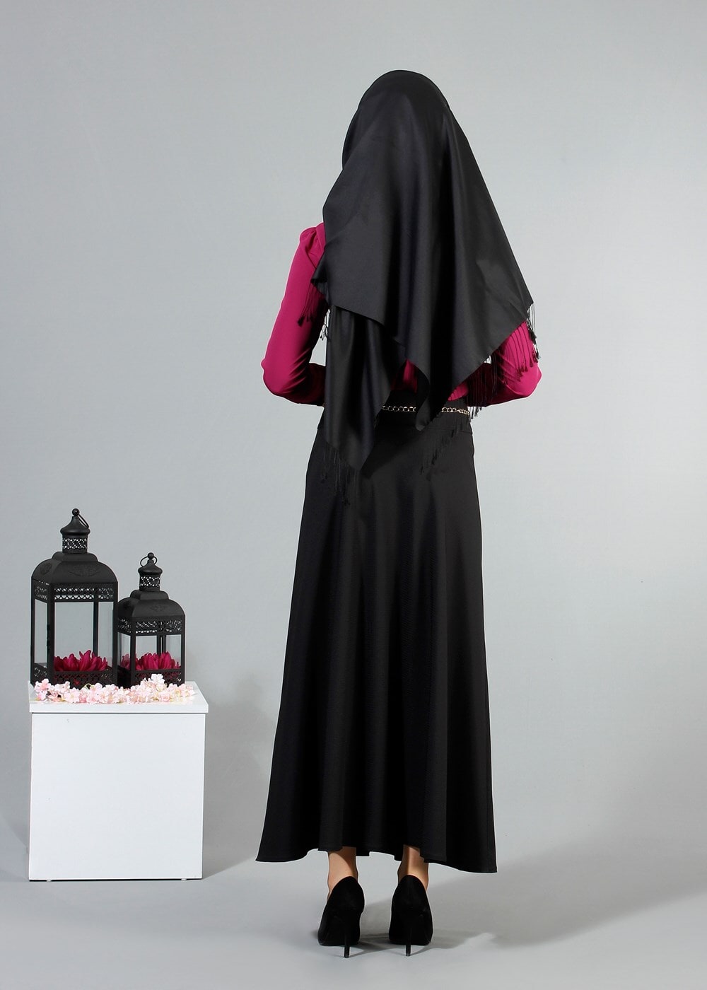 Vêtements hijab NOIR T 2726 Yüceller Kendinden Desenli Kloş Etek