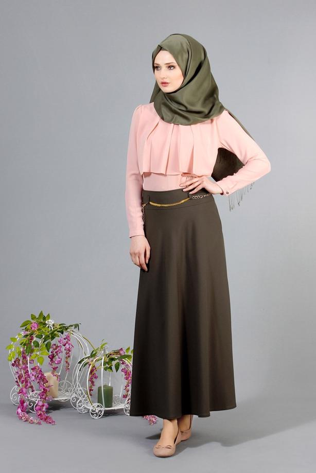 Vêtements hijab  T 2726 Yüceller Kendinden Desenli Kloş Etek - TRENDTESETTÜR