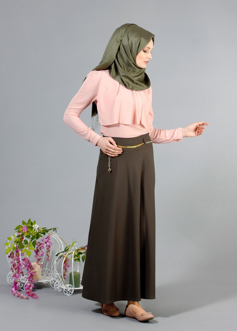 Vêtements hijab KAKI T 2726 Yüceller Kendinden Desenli Kloş Etek