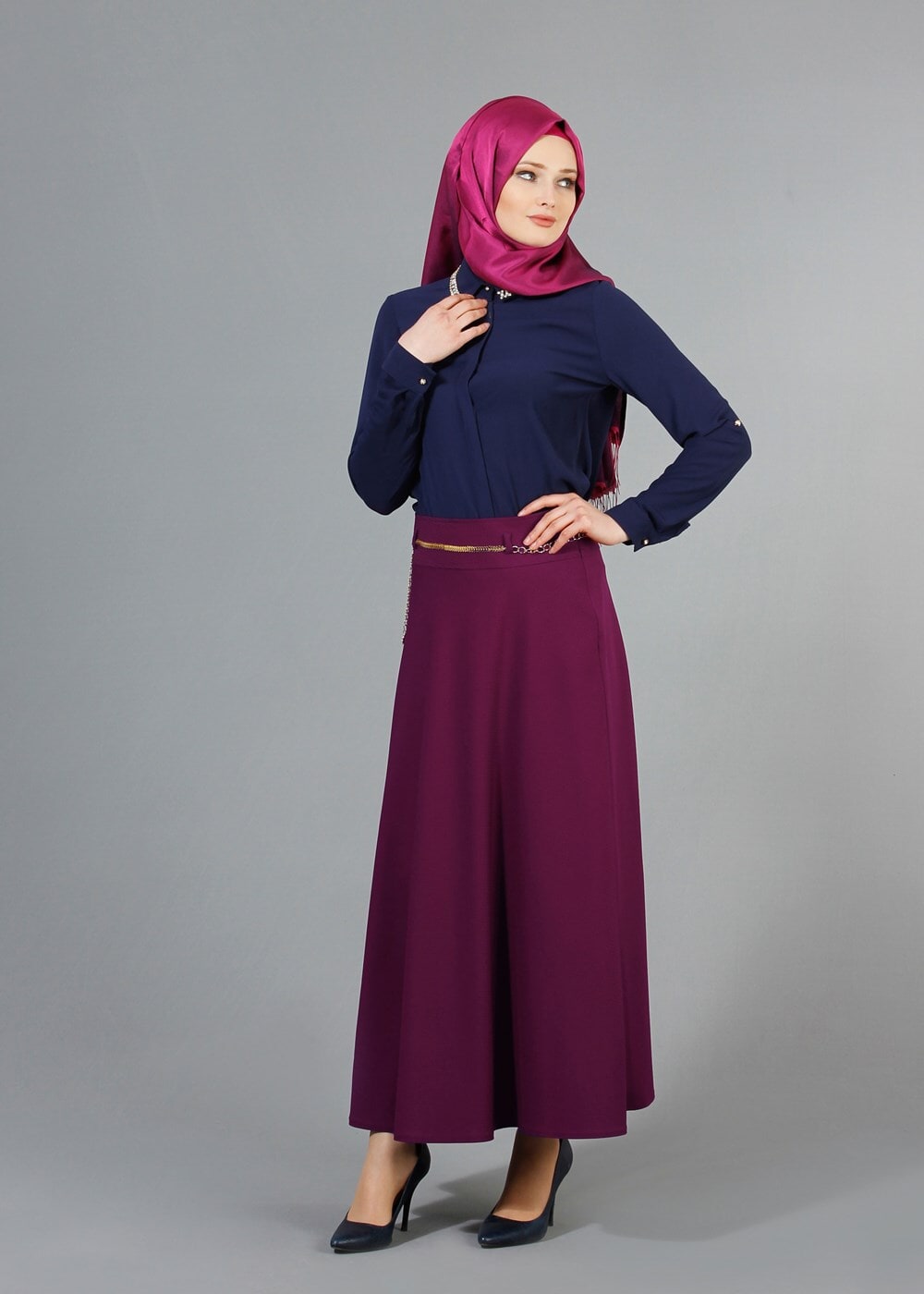 Hijab clothing PLUM T 2726 Yüceller Kendinden Desenli Kloş Etek