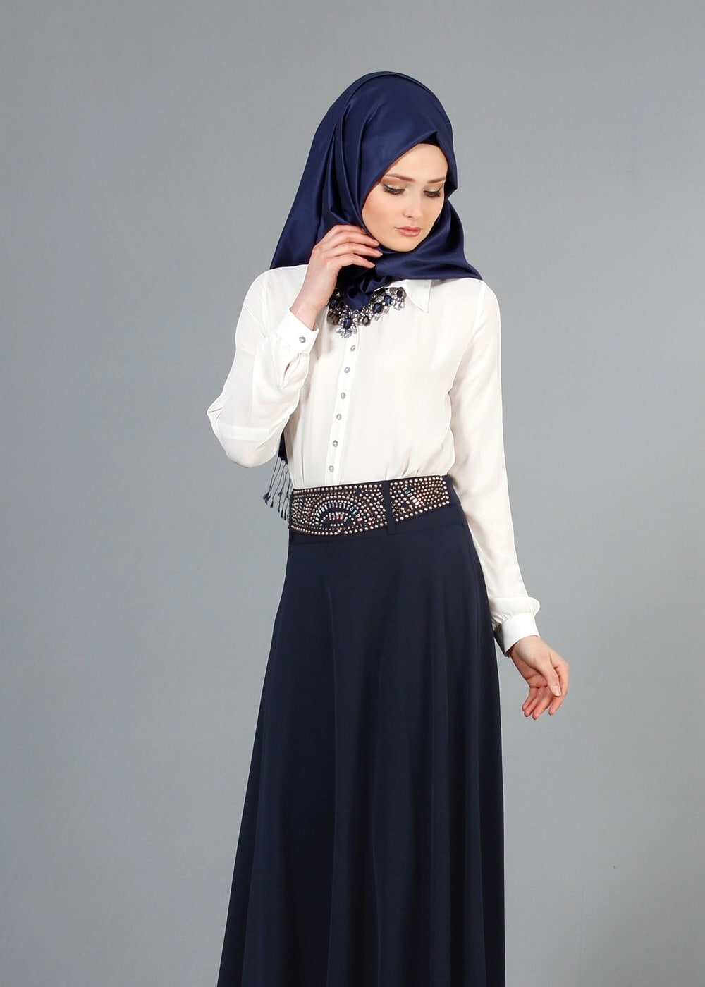Vêtements hijab BLEU MARINE T 2769 Yüceller Taş İşlemeli Mevlana Etek