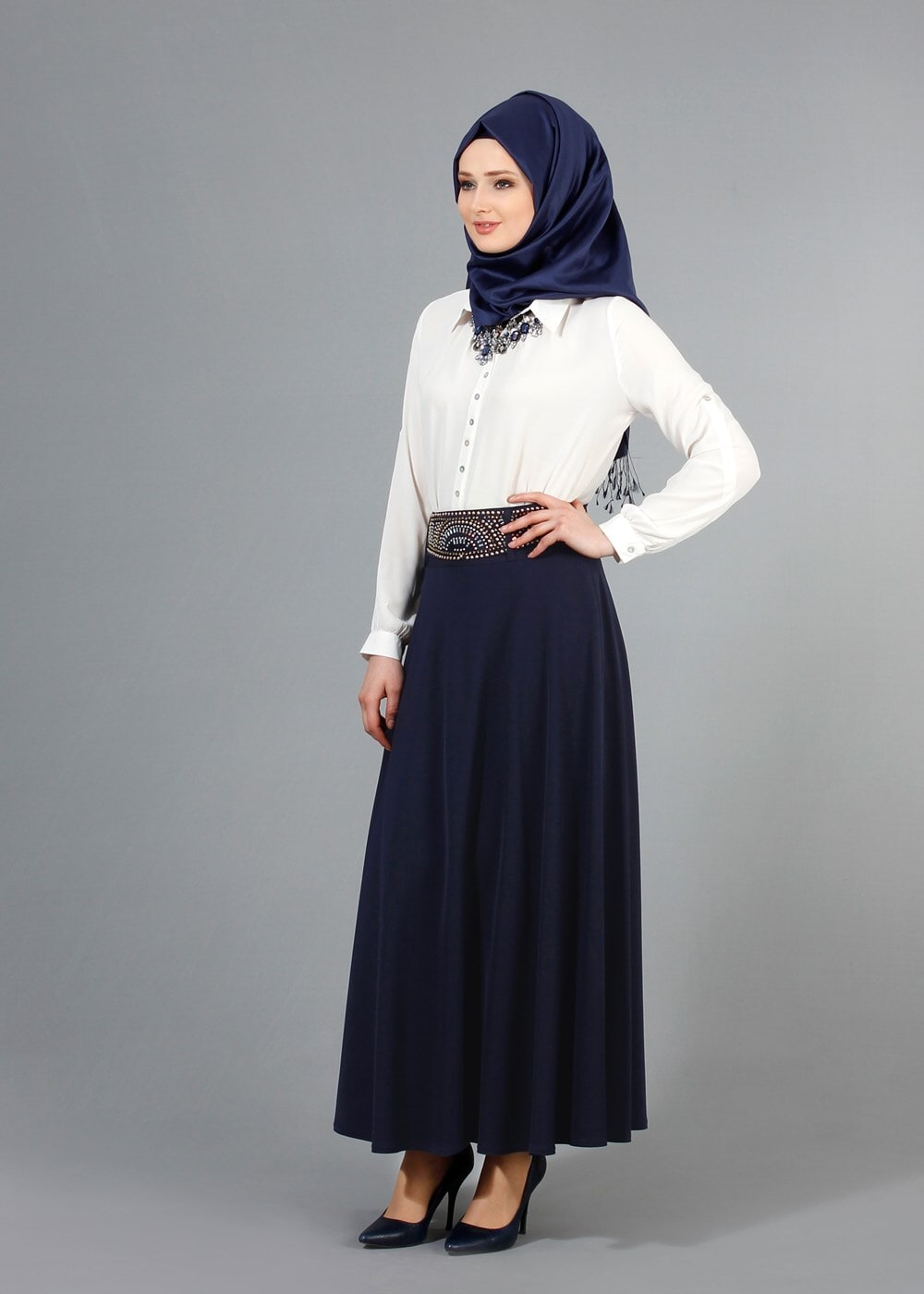 Vêtements hijab BLEU MARINE T 2769 Yüceller Taş İşlemeli Mevlana Etek