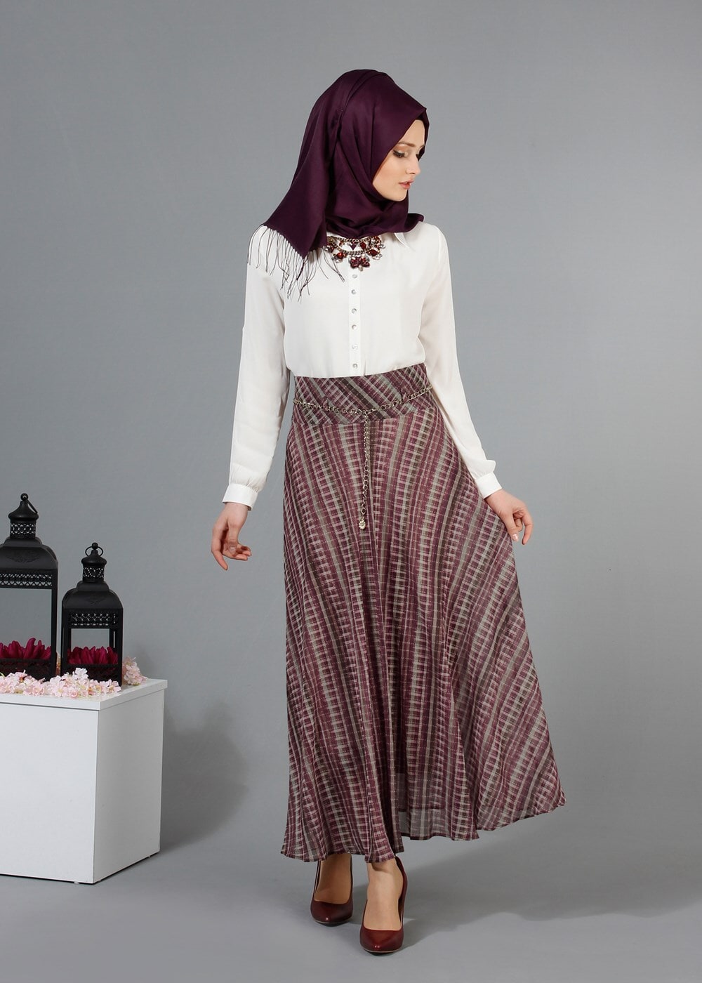 Hijab clothing CLARET RED T 2405-2 Yüceller Dijital Baskılı Şifon Etek