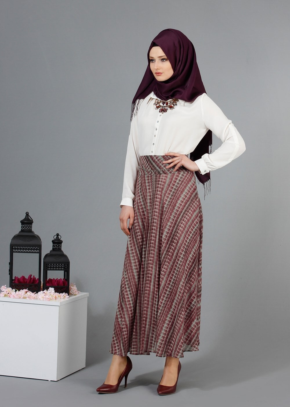 Hijab clothing CLARET RED T 2405-2 Yüceller Dijital Baskılı Şifon Etek