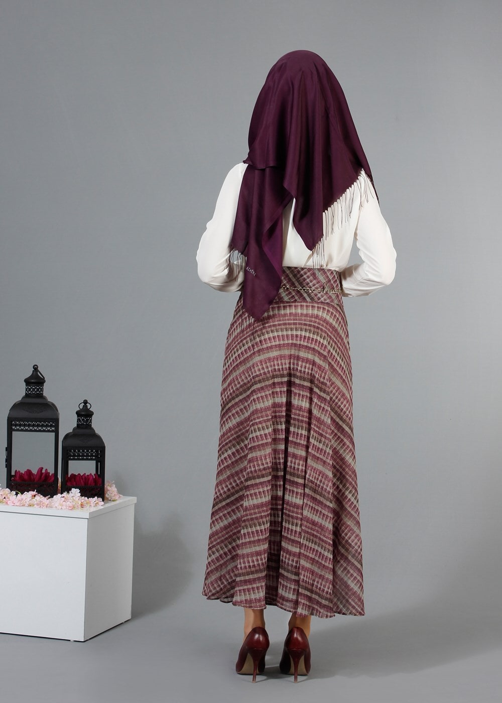 Hijab clothing CLARET RED T 2405-2 Yüceller Dijital Baskılı Şifon Etek