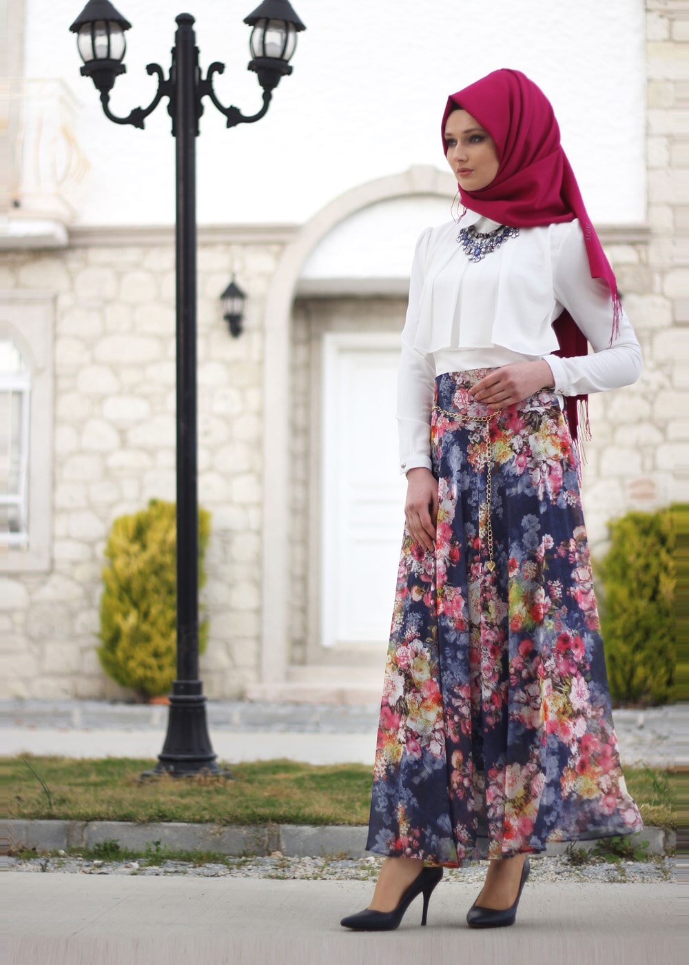 Vêtements hijab BLEU MARINE T 2405-3 Yüceller Dijital Baskılı Etek