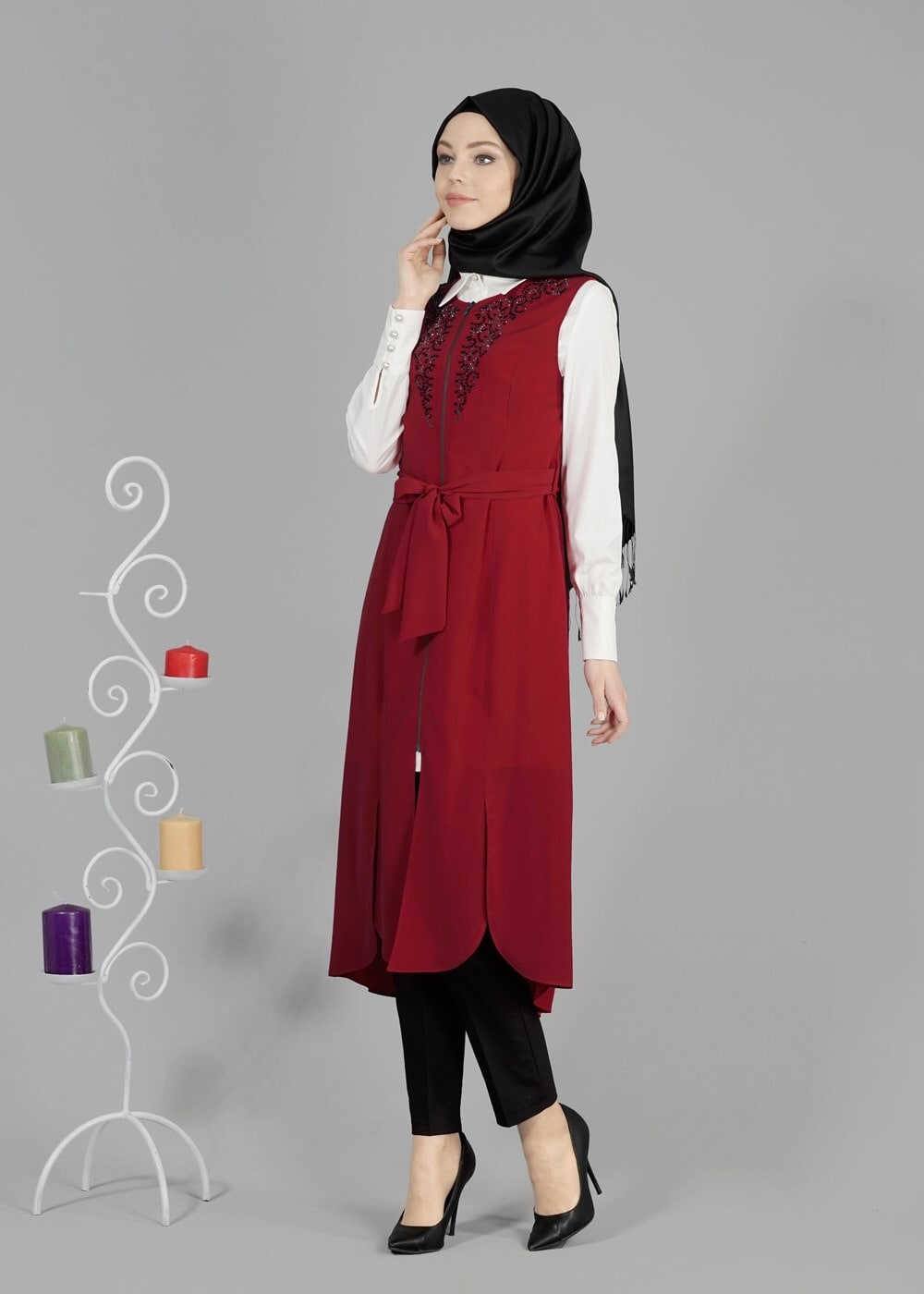 Tesettür giyim BORDO T 4737 New Loren Tesettür Yelek-Alv Fashion