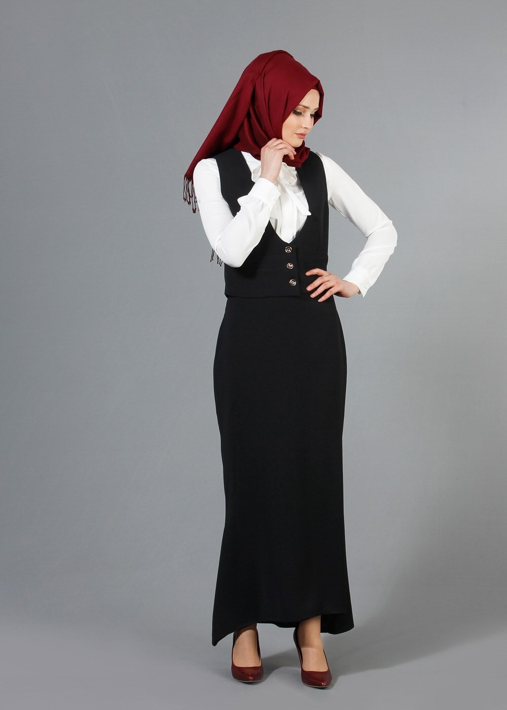 Vêtements hijab NOIR T 9116 Bezen 2′li Yelekli Takım