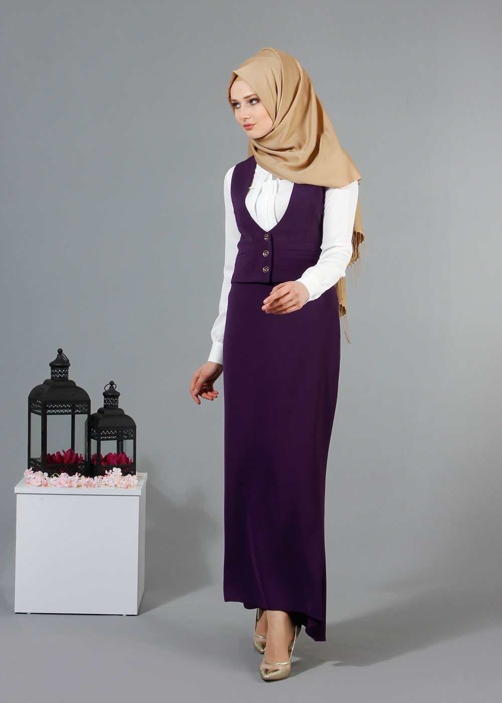 Vêtements hijab POURPRE T 9116 Bezen 2′li Yelekli Takım