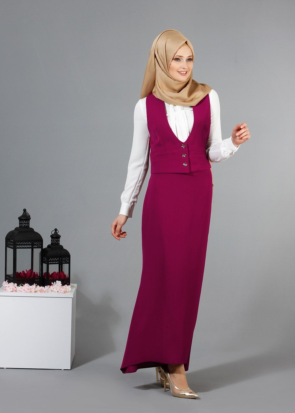Vêtements hijab FUCHSIA T 9116 Bezen 2′li Yelekli Takım