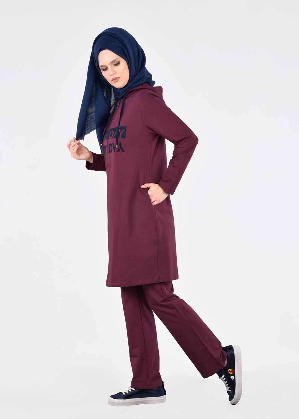 Tesettür giyim BORDO T 40101  Allday Baskılı Kapşonlu Eşofman Takım