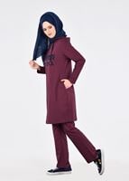 Tesettür giyim BORDO T 40101  Allday Baskılı Kapşonlu Eşofman Takım