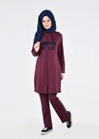 Tesettür giyim BORDO T 40101  Allday Baskılı Kapşonlu Eşofman Takım
