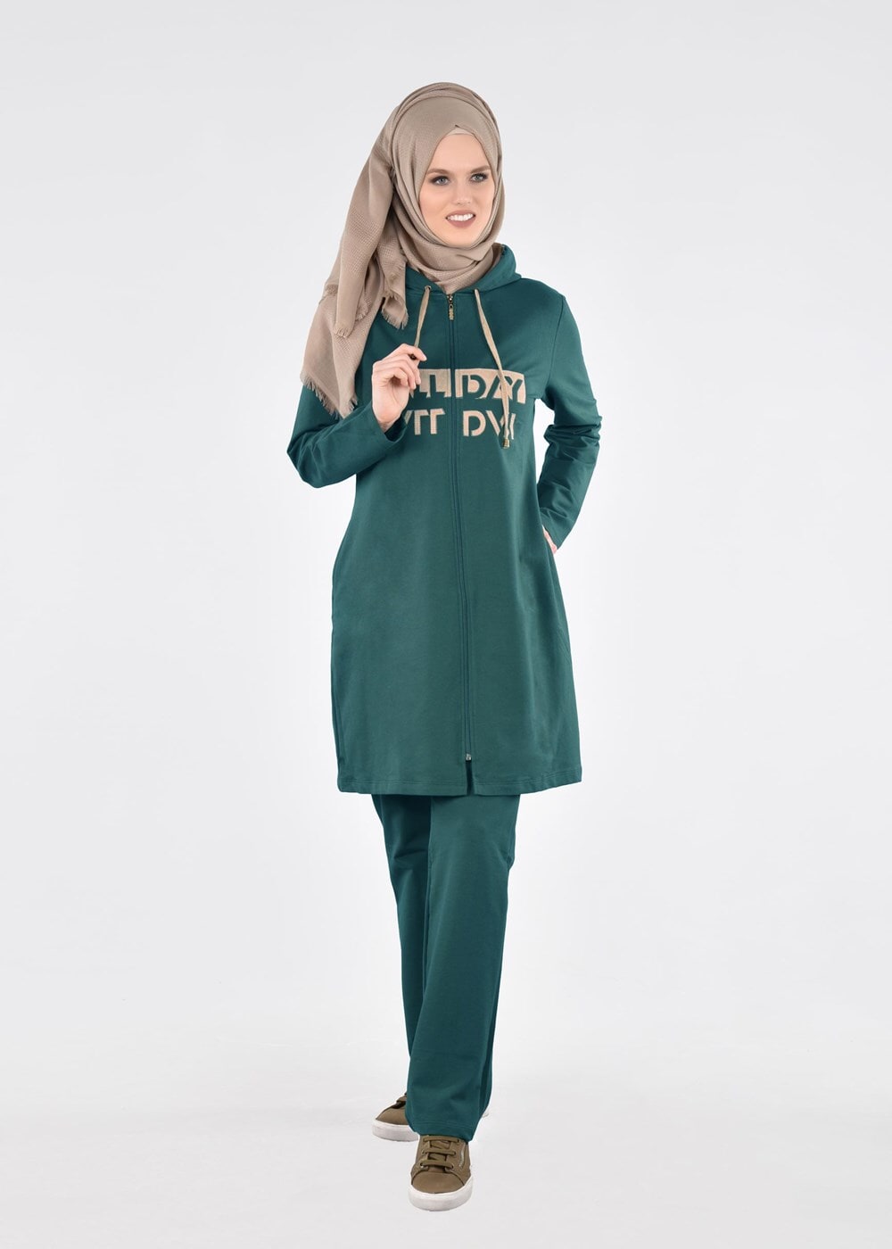 Tesettür giyim YEŞİL T 40101  Allday Baskılı Kapşonlu Eşofman Takım