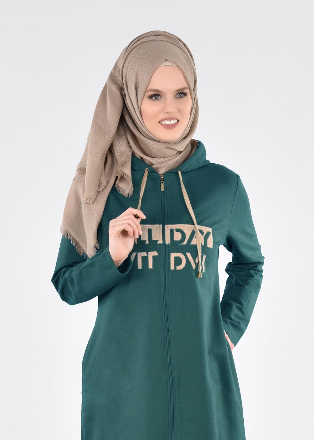 Tesettür giyim YEŞİL T 40101  Allday Baskılı Kapşonlu Eşofman Takım