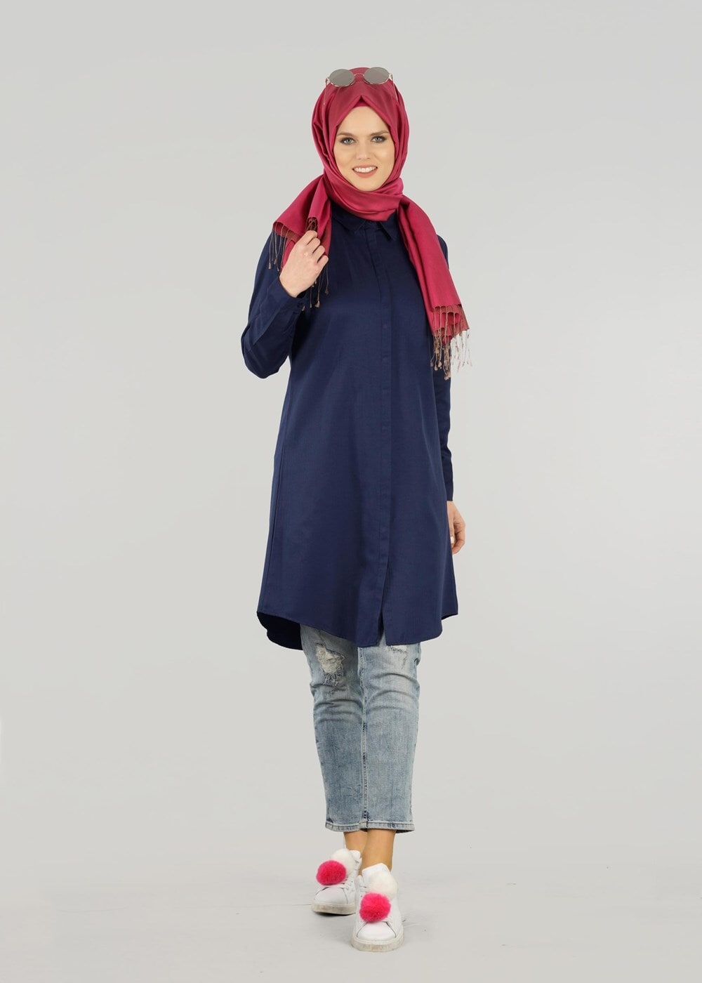 Vêtements hijab BLEU MARINE T 50427 Allday Gizli Düğmeli Tunik