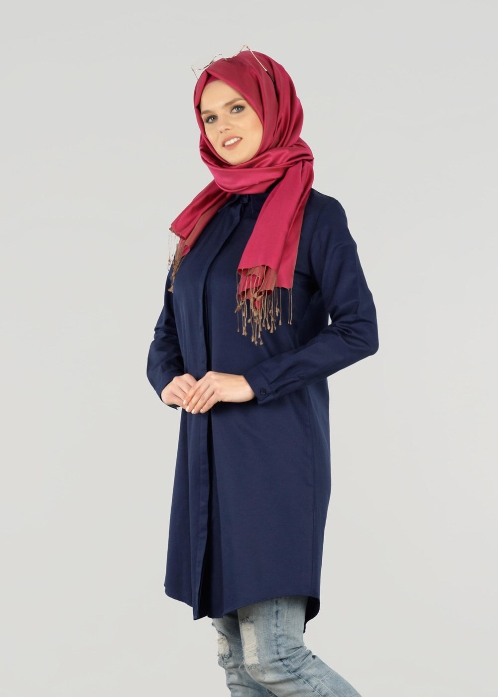 Vêtements hijab BLEU MARINE T 50427 Allday Gizli Düğmeli Tunik