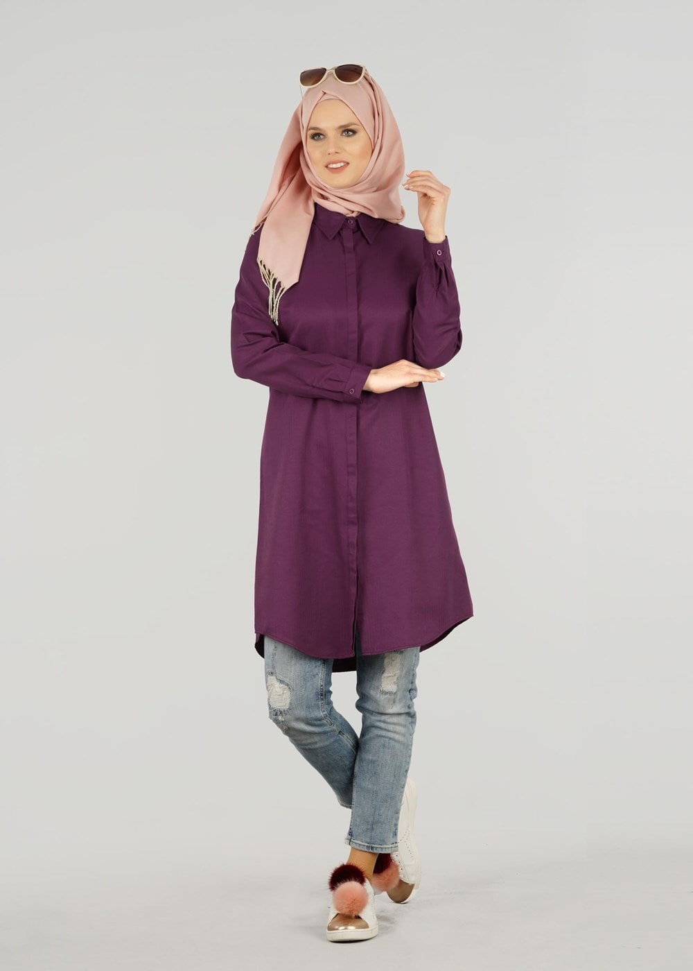 Tesettür giyim BORDO GİZLİ DÜĞMELİ KLASİK TUNİK T 50427- ALLDAY