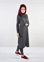Tesettür giyim GRİ T 50478 Allday Baskı Detaylı Spor Tunik