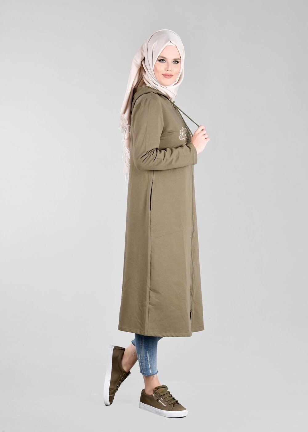 Tesettür giyim HAKİ T 50478 Allday Baskı Detaylı Spor Tunik