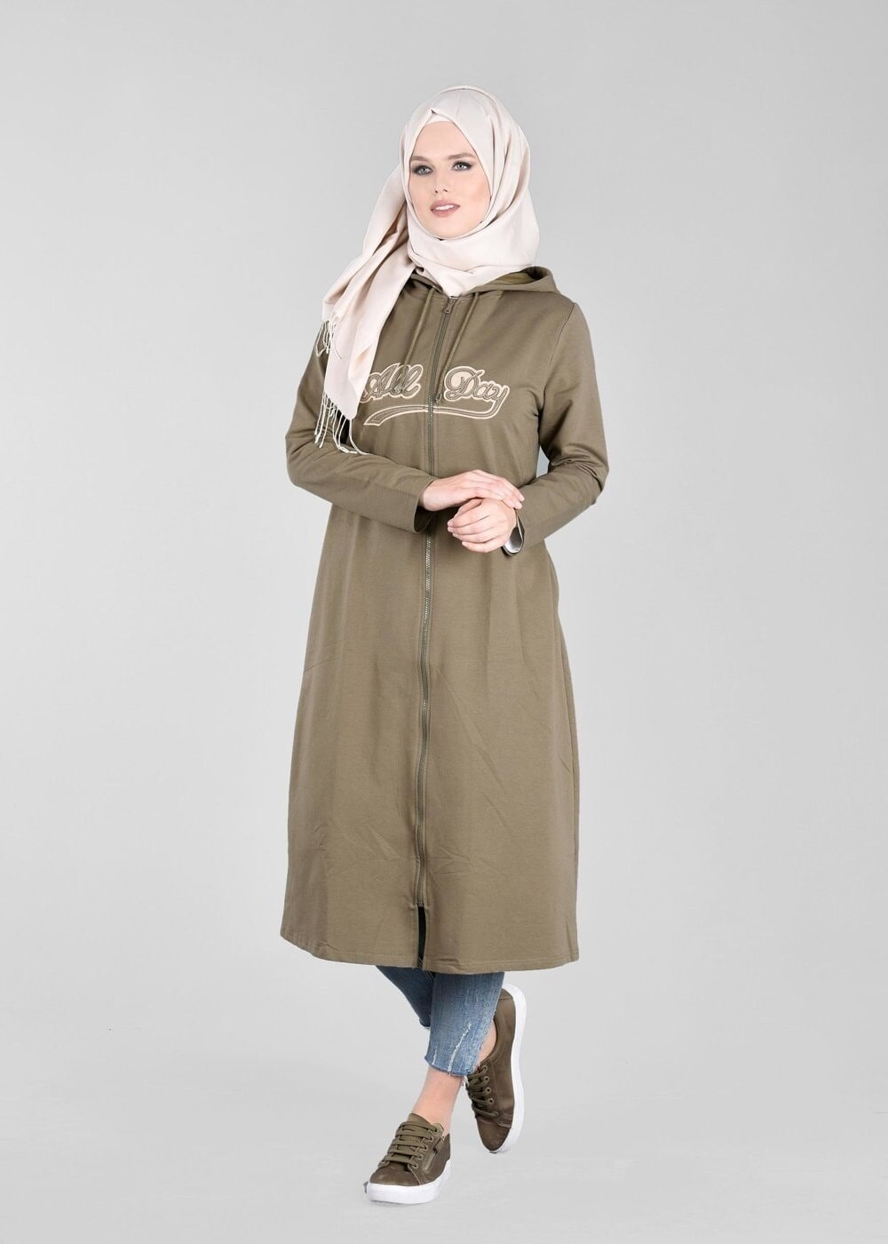 Tesettür giyim HAKİ T 50478 Allday Baskı Detaylı Spor Tunik