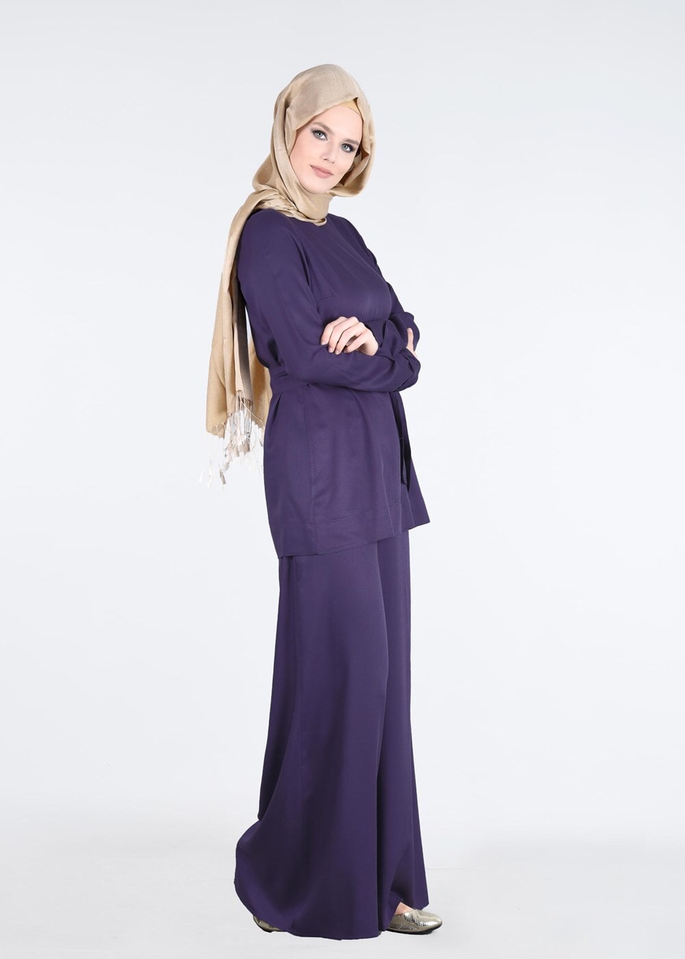 Tesettür giyim MOR T 80105 Düğme Detaylı Pantolonlu Takım