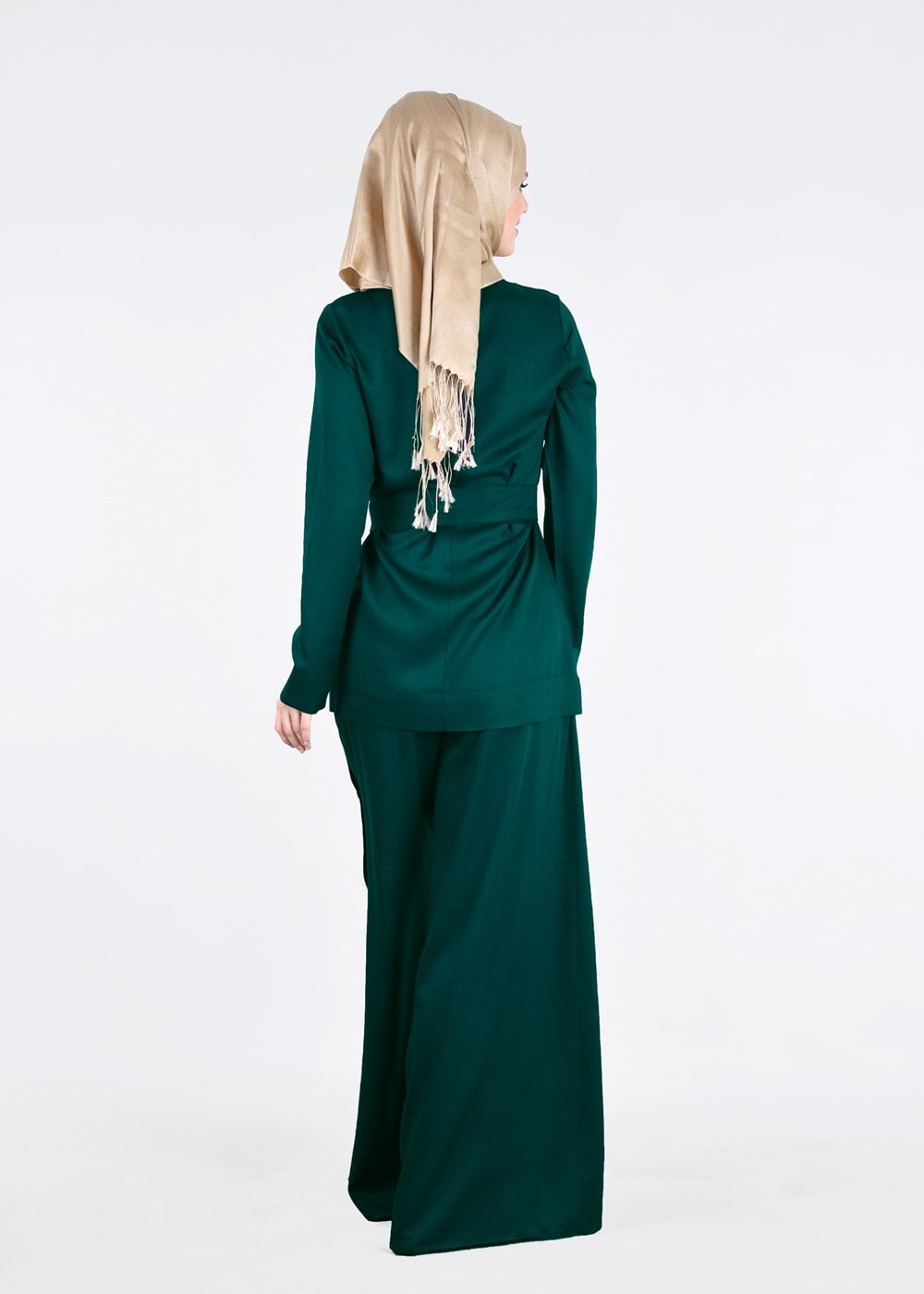 Tesettür giyim YEŞİL T 80105 Düğme Detaylı Pantolonlu Takım