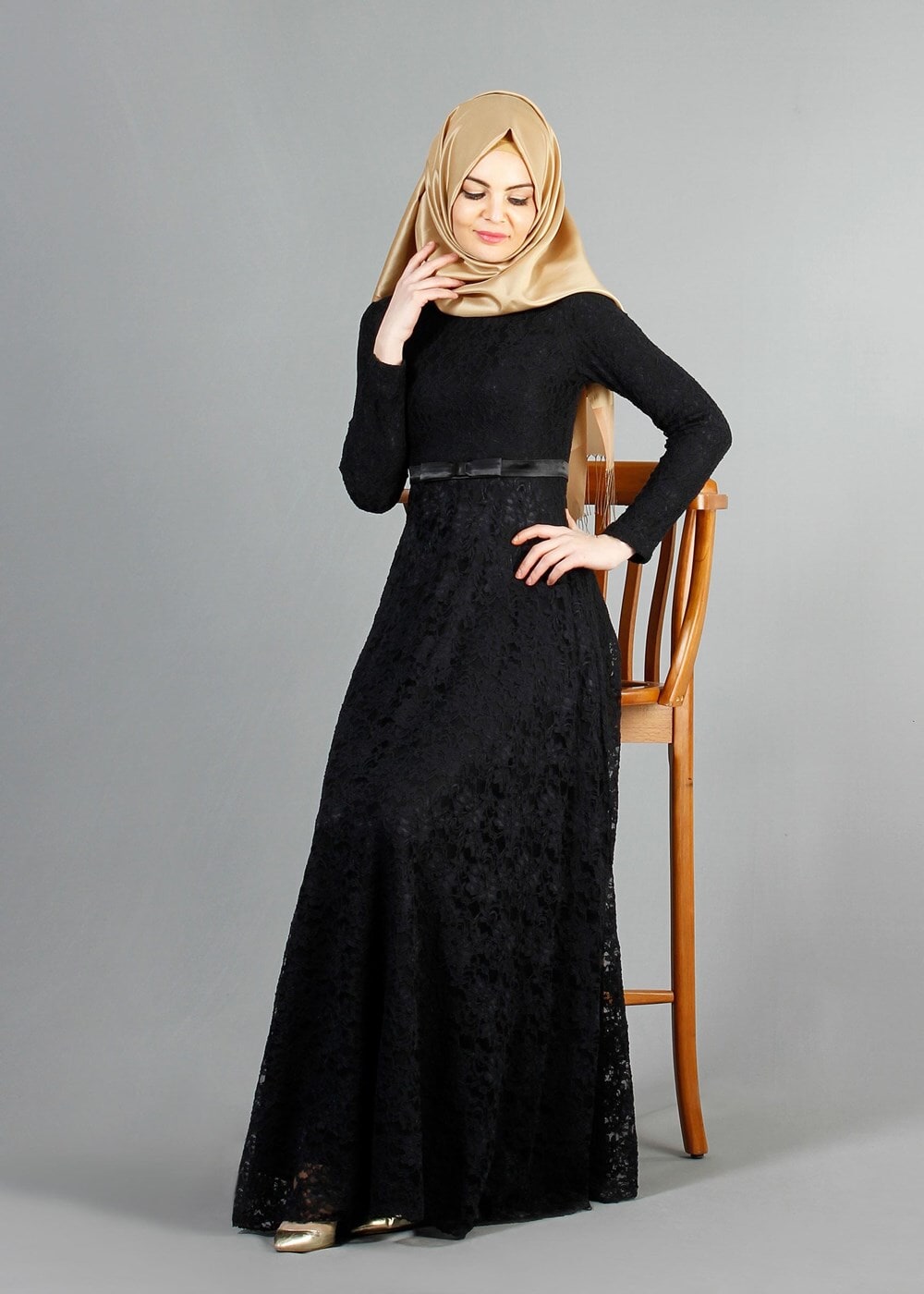 Hijab clothing BLACK T 1787 Tuay Dantel Kuşaklı Abiye