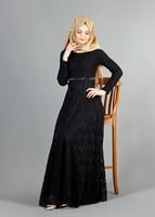 Hijab clothing BLACK T 1787 Tuay Dantel Kuşaklı Abiye