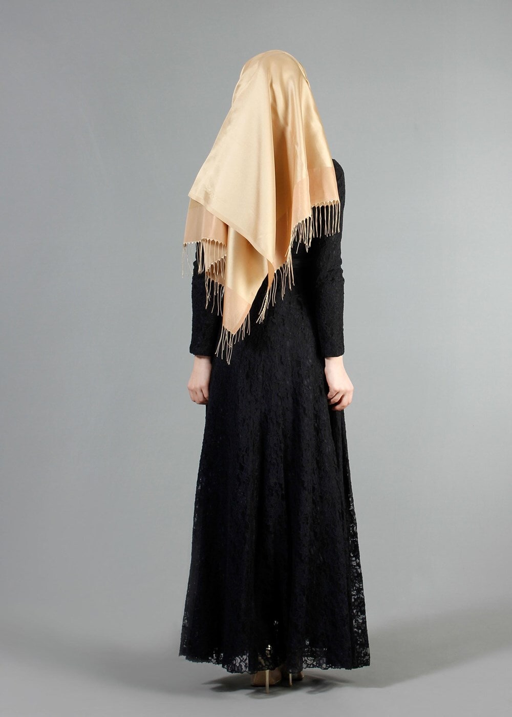 Hijab clothing BLACK T 1787 Tuay Dantel Kuşaklı Abiye