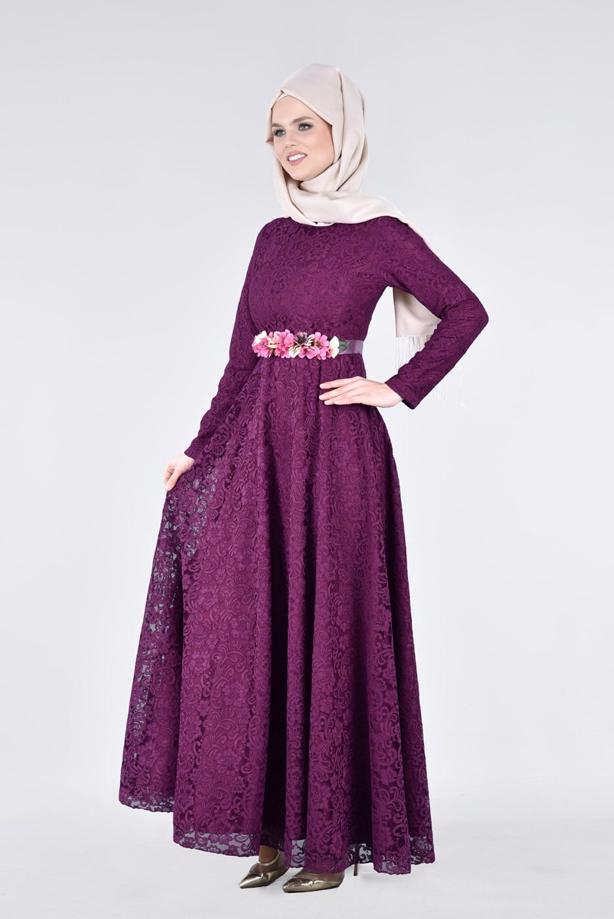 Vêtements hijab  T 1787 Tuay Dantel Kuşaklı Abiye - TRENDTESETTÜR