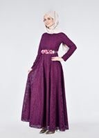Vêtements hijab POURPRE T 1787 Tuay Dantel Kuşaklı Abiye