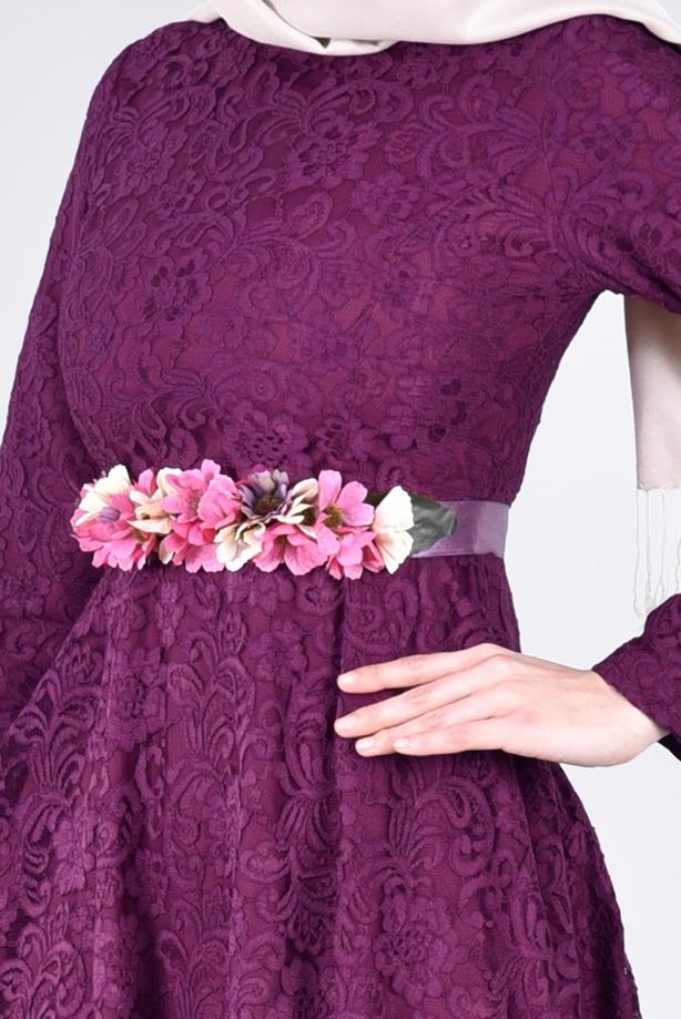 Vêtements hijab  T 1787 Tuay Dantel Kuşaklı Abiye - TRENDTESETTÜR