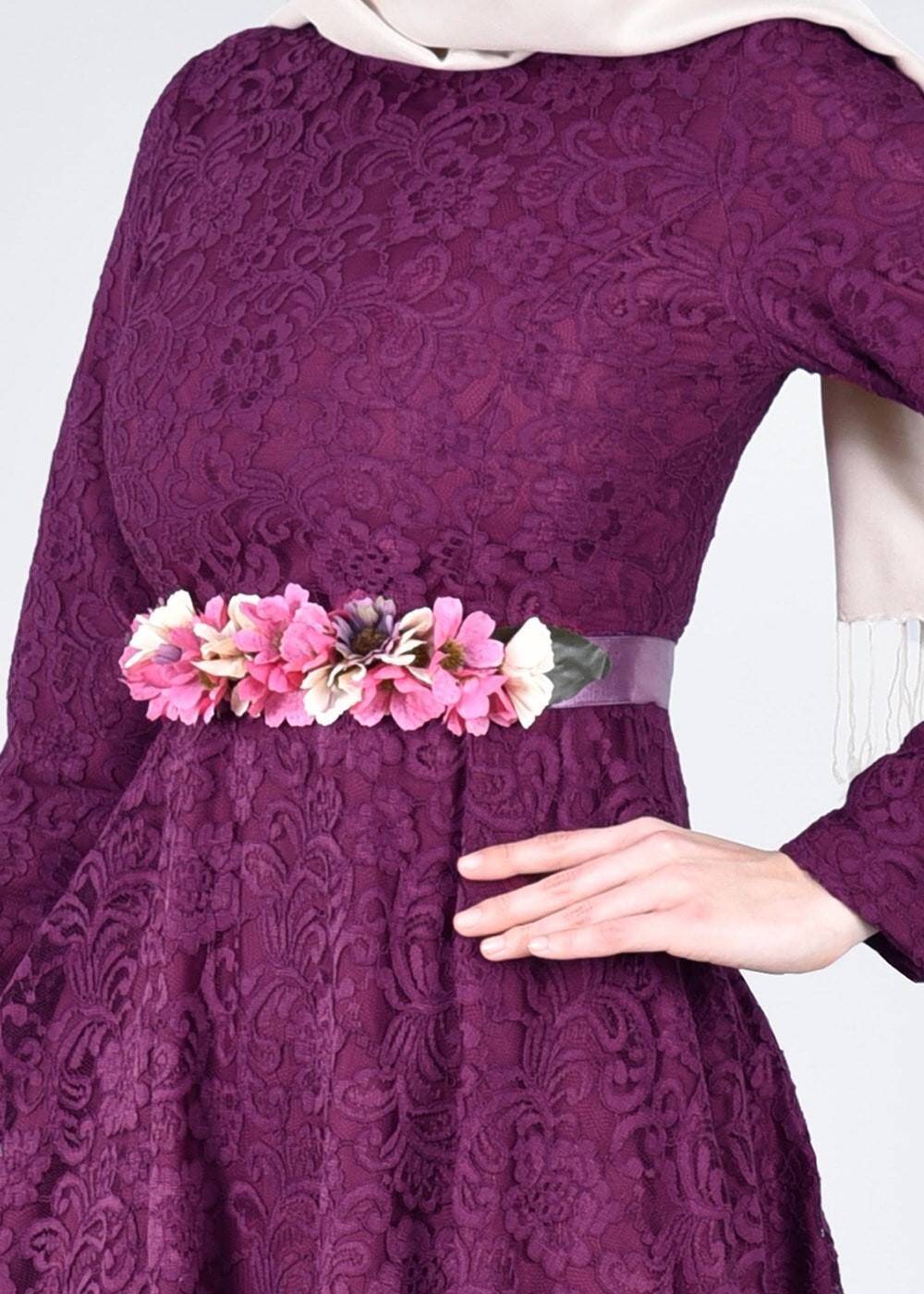 Vêtements hijab POURPRE T 1787 Tuay Dantel Kuşaklı Abiye