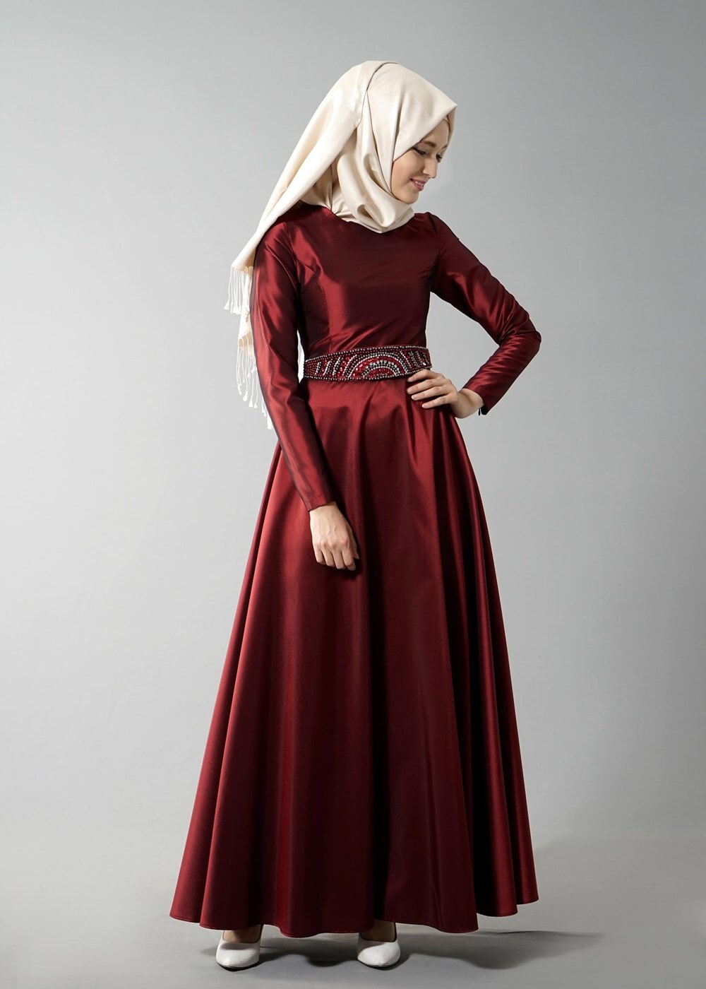 Vêtements hijab ROUGE BORDEAUX T 1788 Tuay Tafta Kuşağı Boncuk İşlemeli Abiye