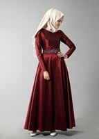 Vêtements hijab ROUGE BORDEAUX T 1788 Tuay Tafta Kuşağı Boncuk İşlemeli Abiye