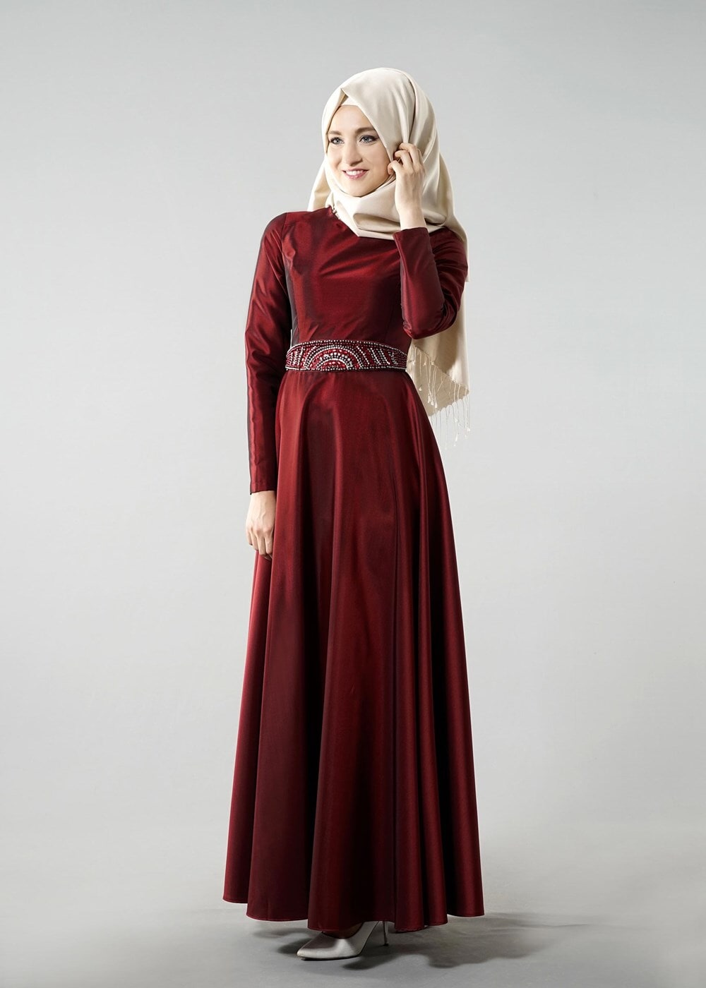 Vêtements hijab ROUGE BORDEAUX T 1788 Tuay Tafta Kuşağı Boncuk İşlemeli Abiye