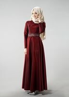 Vêtements hijab ROUGE BORDEAUX T 1788 Tuay Tafta Kuşağı Boncuk İşlemeli Abiye