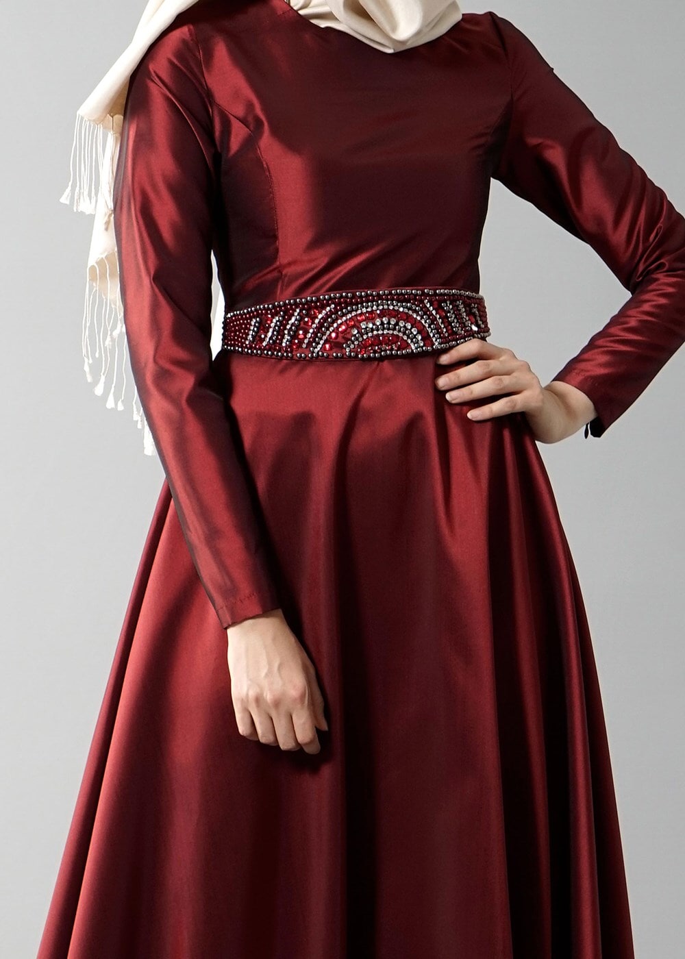 Vêtements hijab ROUGE BORDEAUX T 1788 Tuay Tafta Kuşağı Boncuk İşlemeli Abiye