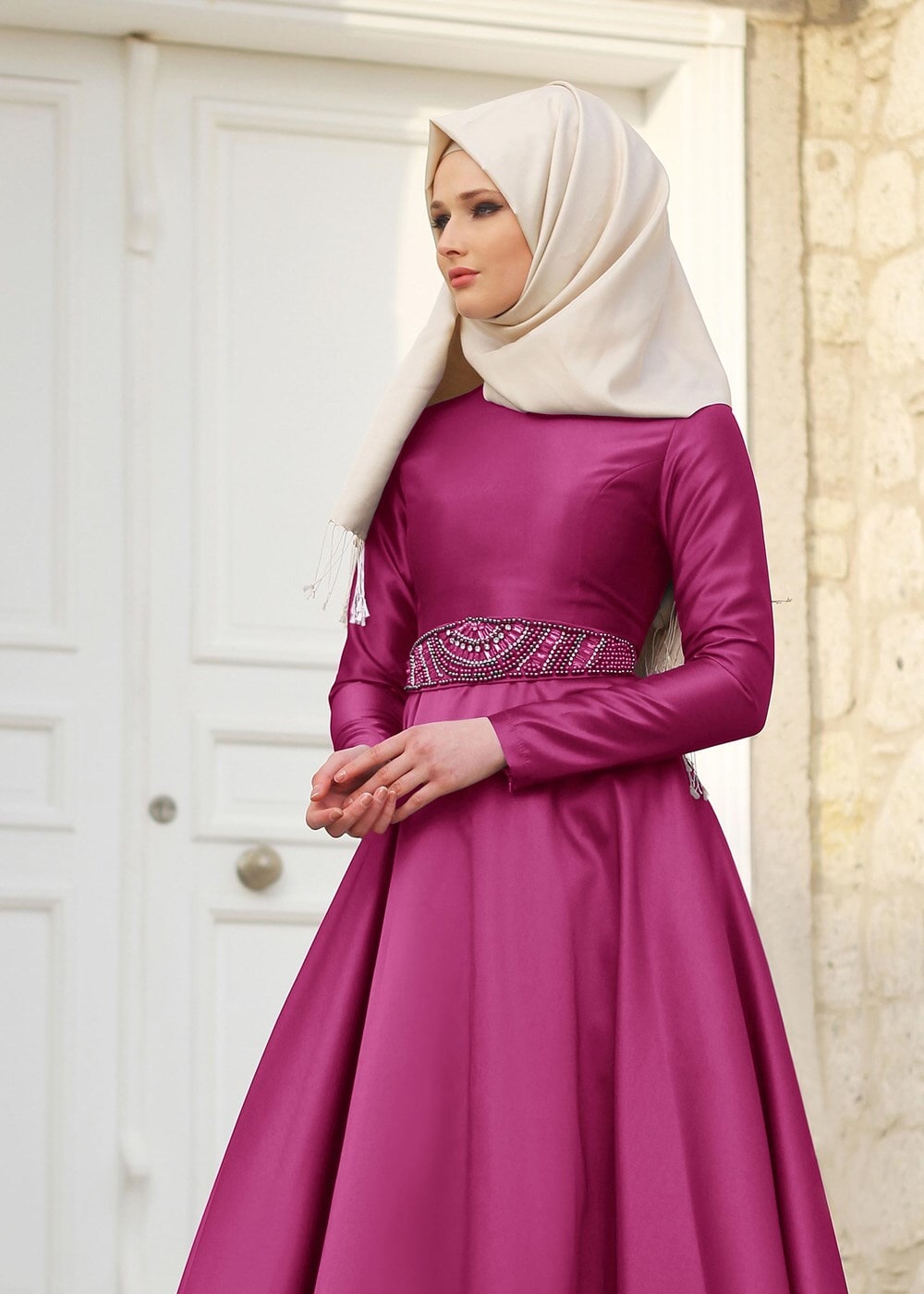 Tesettür giyim FUŞYA T 1788 Tuay Tafta Kuşağı Boncuk İşlemeli Abiye