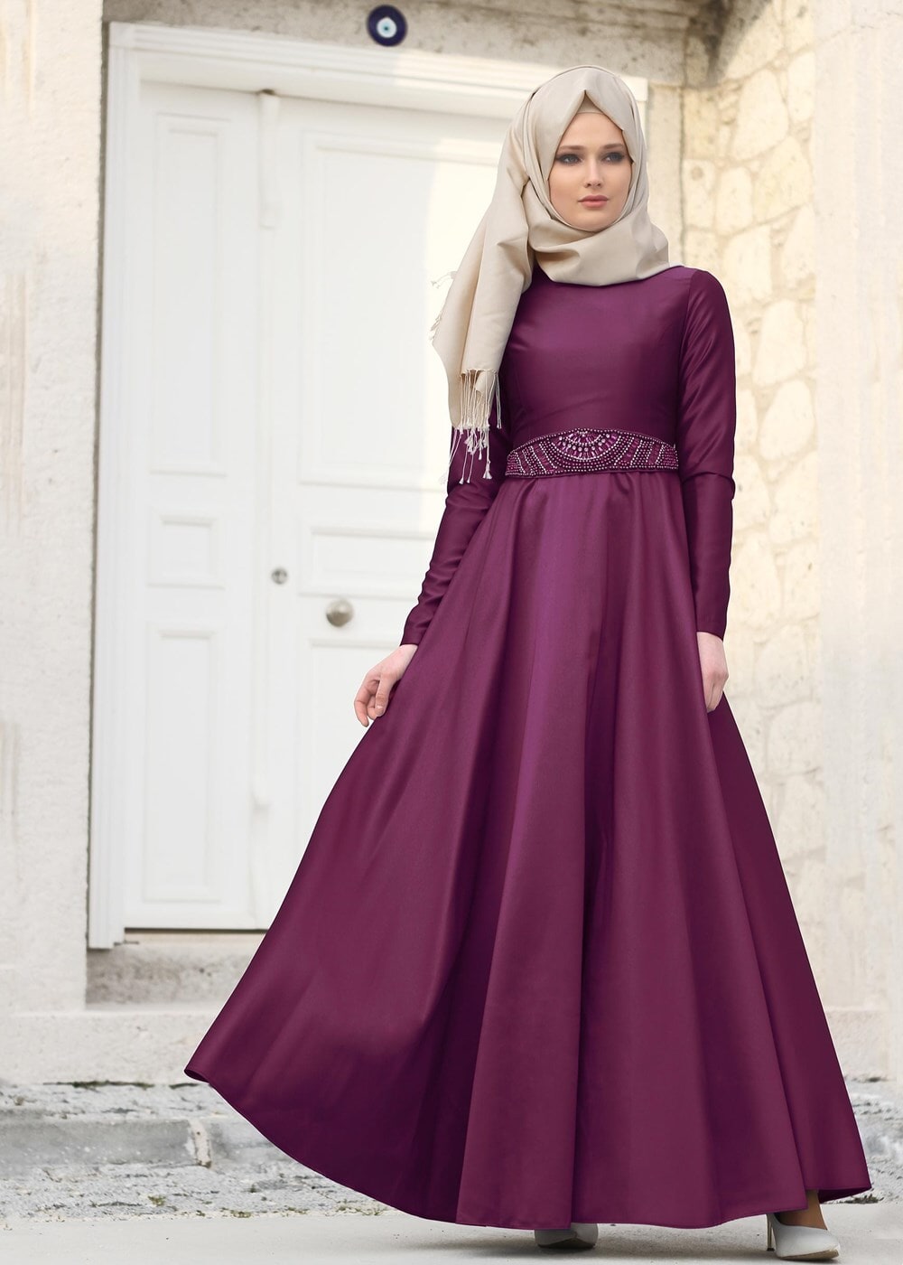 Vêtements hijab PRUNE T 1788 Tuay Tafta Kuşağı Boncuk İşlemeli Abiye